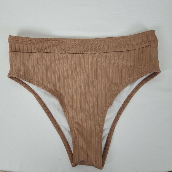 Shein Womens Tan Elastic Waist Hipster Swim Bikini Bottom Size Medium - Picture 1 of 5